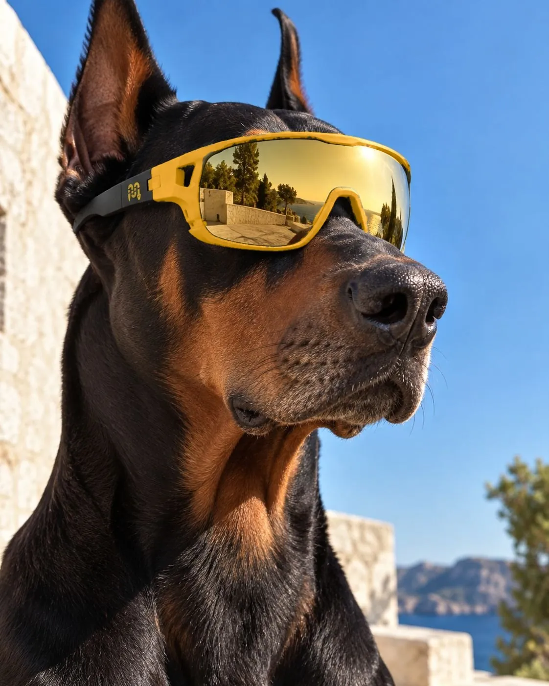 Dobermann con occhiali Mamba, montatura gialla