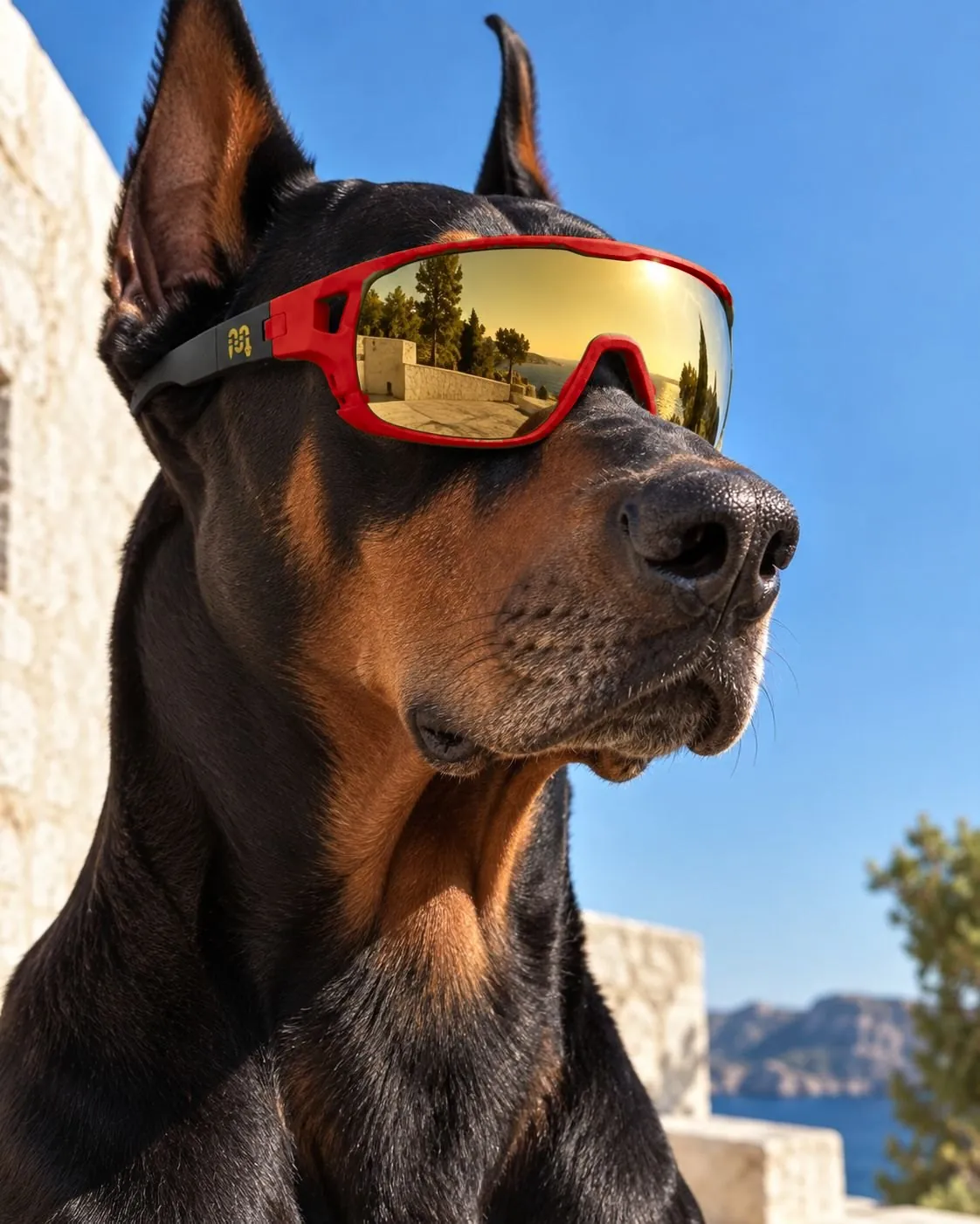 Dobermann con occhiali Mamba, montatura rossa